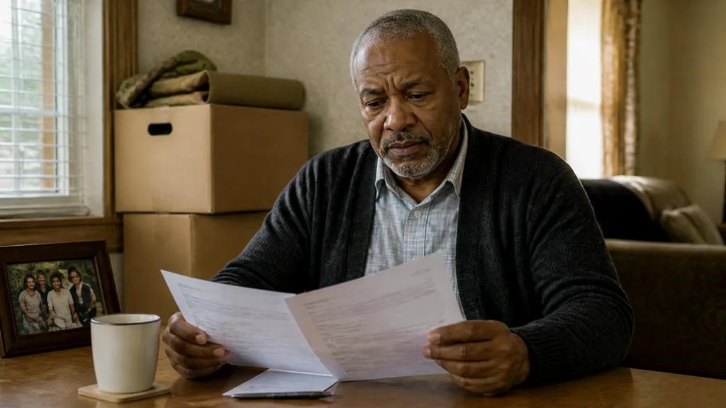 A man reads tax paperwork for an inherited house, moving boxes and a family photo behind him.