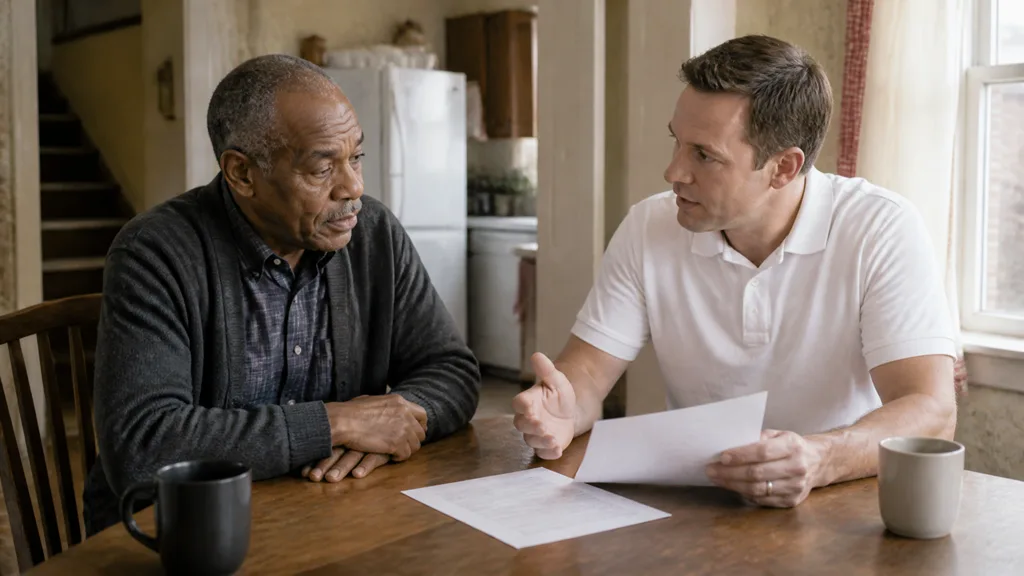 A buyer holds up a financing term sheet for a homeowner to read at the kitchen table.